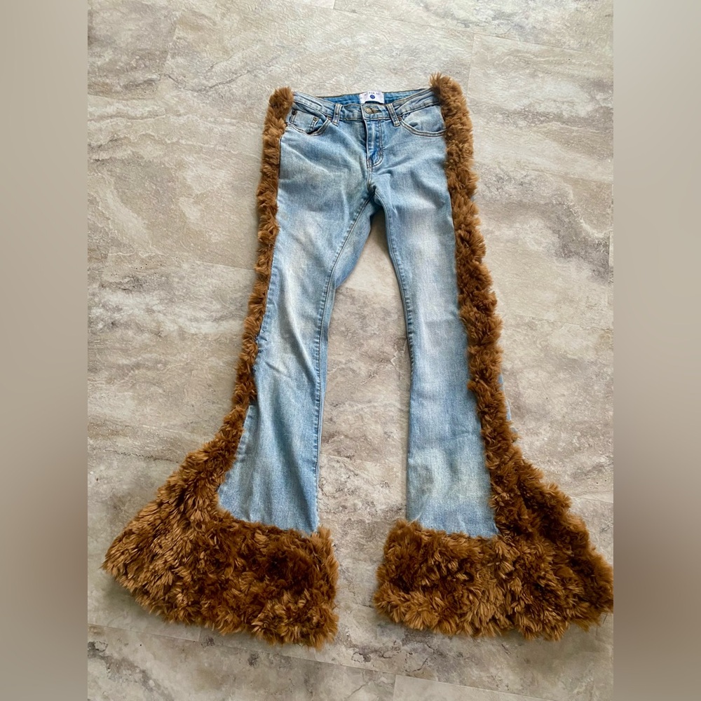 Stylish Blue bell bottoms with Brown Fur Trim